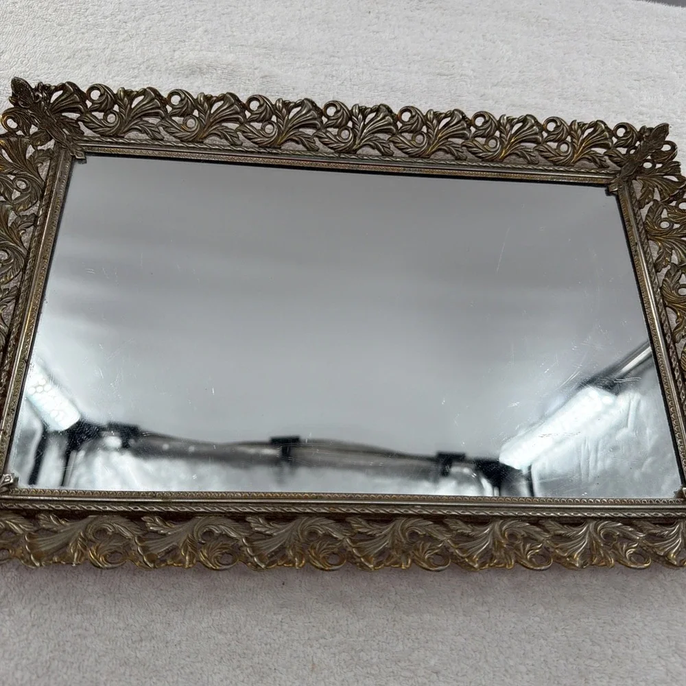 Vintage Footed Vanity Mirror Tray Floral Gold Tone Filigree Frame Felt 15
